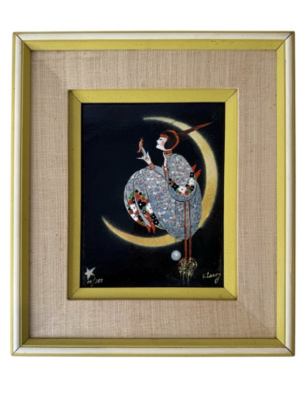 Vintage V. Leroy Signed Enamel on Copper Art Deco Moon Lady Plaque 10/350 MCM